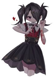 Rule 34 | 1girl, ame-chan (needy girl overdose), black hair, black nails, black ribbon, black skirt, bleeding, blood, blush, boxcutter, closed mouth, collar, collared shirt, cropped legs, cuts, hair ornament, hair over one eye, hairclip, heart, highres, holding, holding boxcutter, injury, jirai kei, looking at viewer, multicolored nails, nail polish, neck ribbon, needy girl overdose, neko yeye, purple eyes, red nails, red shirt, ribbon, self-harm, shirt, shirt tucked in, simple background, skirt, solo, suspender skirt, suspenders, twintails, white background, white collar, wrist cutting, x hair ornament