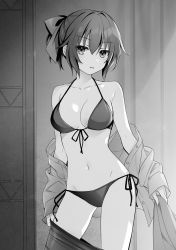 Rule 34 | 1girl, bikini, bow, breasts, front-tie bikini top, front-tie top, greyscale, hair between eyes, hair bow, halterneck, highres, large breasts, monochrome, non-web source, novel illustration, official art, ou-sama no propose, ponytail, side-tie bikini bottom, swimsuit, tsunako, undressing