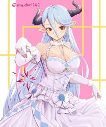 Rule 34 | 1girl, artist name, blue hair, bow, breasts, brown eyes, cleavage, dress, dress bow, granblue fantasy, hair between eyes, highres, horns, izmir, large breasts, long hair, long sleeves, looking at viewer, madori151, pointy ears, skirt hold, solo, standing, very long hair, white bow, white dress