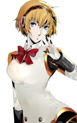 Rule 34 | 1girl, aegis (persona), android, blonde hair, blue eyes, bow, bowtie, breasts, hairband, highres, joints, lips, looking at viewer, persona, persona 3, pertex 777, robot, robot joints, short hair, simple background, solo, white background