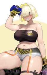 Rule 34 | 1girl, absurdres, ahoge, black gloves, black sports bra, blonde hair, blush, breasts, cleavage, controller, elegg (nikke), expoosed pocket, game controller, gloves, goddess of victory: nikke, grey shorts, grin, hair intakes, hair over eyes, highres, holding, holding controller, holding game controller, large breasts, long bangs, micro shorts, multicolored clothes, multicolored gloves, multicolored hair, navel, plump, purple eyes, raskasar, short hair, shorts, smile, solo, sports bra, suspender shorts, suspenders, thigh strap, thighs, two-tone hair, yellow gloves