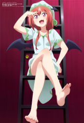 Rule 34 | 10s, 1girl, :3, :d, absurdres, alternate hairstyle, barefoot, bat wings, crossed legs, fang, feet, foot focus, foreshortening, gabriel dropout, hat, highres, ladder, low twintails, megami magazine, nightcap, official art, open mouth, pajamas, purple eyes, red hair, satanichia kurumizawa mcdowell, smile, soles, solo, toes, twintails, watanabe mai, wings