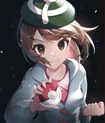 Rule 34 | 1girl, aru (citrine drplt), bad id, bad twitter id, brown eyes, brown hair, buttons, cable knit, cardigan, closed mouth, collared dress, commentary request, creatures (company), dress, game freak, gloria (pokemon), green hat, grey cardigan, hat, highres, holding, holding poke ball, hooded cardigan, long hair, looking at viewer, nintendo, pink dress, poke ball, poke ball (basic), pokemon, pokemon swsh, smile, solo, tam o&#039; shanter, upper body