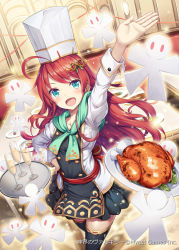 Rule 34 | 1girl, :d, akkijin, blue eyes, blue ribbon, breasts, chef, chef hat, chef, chicken (food), cup, drinking glass, food, frilled skirt, frills, frying pan, glass, glowing, hair ornament, hand up, hat, indoors, long hair, looking at viewer, looking up, medium breasts, official art, open mouth, plate, red hair, ribbon, shikigami, shinkai no valkyrie, skirt, smile, table, thighhighs
