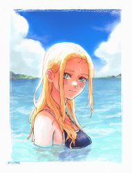 Rule 34 | 1girl, bare shoulders, blonde hair, blue eyes, blue one-piece swimsuit, blush, closed mouth, cloud, commentary, competition swimsuit, day, english commentary, highres, jewelry, kofune ushio, long hair, looking at viewer, necklace, one-piece swimsuit, outdoors, partially submerged, ryosharke, seashell, shell, shell necklace, signature, solo, summertime render, swimsuit, upper body, water