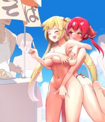 Rule 34 | 2girls, 3boys, :d, absurdres, akai haato, beach, bikini, bikini bottom only, blonde hair, breasts, closed eyes, completely nude, covering another&#039;s breasts, covering another&#039;s crotch, cowboy shot, day, exhibitionism, heterochromia, highres, hololive, houshou marine, market stall, medium breasts, multiple boys, multiple girls, navel, nude, open mouth, pointing, pointing up, pompmaker1, public indecency, red eyes, red hair, sky, smile, swimsuit, virtual youtuber, yellow eyes