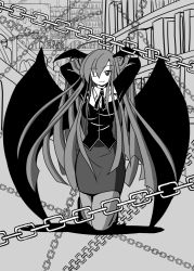 Rule 34 | 1girl, arms behind head, arms up, bat wings, blouse, book, breasts, chain, embodiment of scarlet devil, female focus, greyscale, head wings, highres, kneeling, koakuma, large breasts, long hair, monochrome, nagi1977, nagi (pixiv119941), no nose, one eye closed, pantyhose, pencil skirt, shirt, skirt, smile, solo, touhou, very long hair, wings, wink