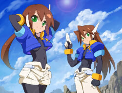 Rule 34 | 1boy, 1girl, aile (mega man zx), arms behind head, black bodysuit, blue jacket, blue sky, bodysuit, bodysuit under clothes, breasts, cloud, covered collarbone, covered navel, cropped jacket, green eyes, jacket, kaidou zx, long hair, looking at viewer, mega man (series), mega man zx, mega man zx advent, open clothes, open jacket, pants, ponytail, robot ears, salute, shorts, sky, small breasts, sun, two-finger salute, vent (mega man), white pants, white shorts