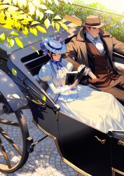 Rule 34 | 1boy, 1girl, black eyes, black hair, book, carriage, character request, coat, copyright request, dress, fedora, hat, highres, holding, holding book, jacket, on (onon2659), open clothes, open coat, pants, puffy sleeves, reading, shirt, short hair, sitting, victorian, wheel