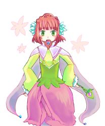 Rule 34 | 1girl, cape, dress, flower, green eyes, long hair, open mouth, pink hair, rubia natwick, staff, tales of (series), tales of the tempest, weapon