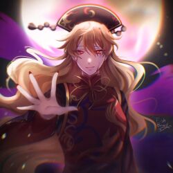 Rule 34 | 1girl, arm up, artist name, belt, black belt, black dress, black hat, black sky, blood, bloody tears, chinese clothes, crescent, crescent print, dress, energy, fingernails, fishbowl meguri, hair between eyes, hat, highres, junko (touhou), long fingernails, long hair, long sleeves, looking at viewer, mandarin collar, moon, nail polish, neck ribbon, night, orange hair, outdoors, phoenix crown, pom pom (clothes), red eyes, red nails, red tabard, ribbon, sky, smile, solo, standing, tabard, tassel, teeth, touhou, wavy hair, wide sleeves, yellow ribbon