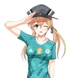 Rule 34 | 1girl, 2018 fifa world cup, absurdres, adidas, alternate costume, blonde hair, blush, breasts, clothes writing, collarbone, german text, germany, green eyes, hat, highres, kantai collection, looking at viewer, medium breasts, military hat, one eye closed, open mouth, peaked cap, prinz eugen (kancolle), salute, smile, soccer, soccer uniform, solo, sportswear, transparent background, twintails, uniform, upper body, world cup