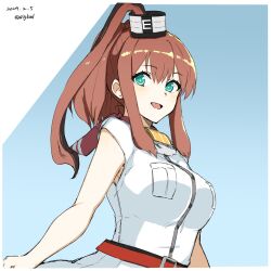 Rule 34 | 1girl, absurdres, belt, bigkwl, blue eyes, breast pocket, breasts, brown hair, cowboy shot, dated, dress, hair between eyes, high side ponytail, highres, kantai collection, large breasts, long hair, looking at viewer, one-hour drawing challenge, pocket, ponytail, red belt, red scarf, saratoga (kancolle), scarf, side ponytail, smile, smokestack hair ornament, solo, twitter username, white dress