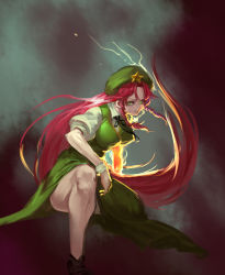 Rule 34 | 1girl, black ribbon, breasts, clenched teeth, dress, electricity, green dress, green eyes, green headwear, hong meiling, inishie kumo, large breasts, long hair, looking at viewer, neck ribbon, one-hour drawing challenge, puffy short sleeves, puffy sleeves, red hair, ribbon, short sleeves, solo, sparks, squatting, teeth, touhou, very long hair, wristband