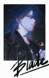 Rule 34 | 1boy, black jacket, blade (honkai: star rail), blue hair, character name, commentary, earrings, gradient hair, hair over one eye, highres, honkai: star rail, honkai (series), jacket, jewelry, lapels, long hair, looking at viewer, male focus, mask, unworn mask, mouth mask, multicolored hair, necklace, notched lapels, one eye covered, orange eyes, outdoors, parted lips, solo, toupou39, two-tone hair, upper body