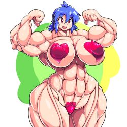 Rule 34 | 1girl, abs, arms up, blue hair, breasts, covered erect nipples, extreme muscles, female focus, flexing, heart pasties, huge breasts, maebari, mocoack, muscular, open mouth, original, pasties, puffy nipples, red eyes, simple background, solo, thighs