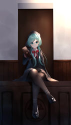 Rule 34 | 1girl, absurdres, black footwear, black hat, black pantyhose, black robe, closed mouth, commentary request, crossed legs, gavel, green eyes, green hair, hat, hatsune miku, highres, holding, judge, long hair, long sleeves, looking at viewer, low twintails, pantyhose, robe, shoes, sitting, solo, suisen-21, twintails, very long hair, vocaloid, wide sleeves