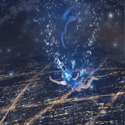 Rule 34 | 1girl, bare legs, barefoot, blue dress, blue hair, building, cirno, city, city lights, cityscape, commentary request, dress, falling, from behind, full body, ice, ice wings, machin, night, night sky, outstretched arms, scenery, short sleeves, signature, sky, solo, touhou, wide shot, wings