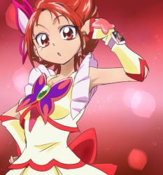 Rule 34 | 00s, 1girl, cure rouge, dress, earrings, eyelashes, gradient background, hair ornament, jewelry, looking at viewer, magical girl, natsuki rin, oimanji, precure, red background, red eyes, red hair, red theme, ribbon, short hair, sketch, solo, spiked hair, wrist cuffs, yes! precure 5