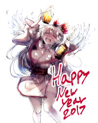 Rule 34 | 1girl, 2017, ^ ^, alcohol, beer, beer bottle, beer mug, bouncing breasts, breasts, cleavage, closed eyes, cup, drunk, closed eyes, hair ornament, happy new year, highres, japanese clothes, kimono, large breasts, long hair, mug, nakatokung, new year, original, silver hair, solo, thighhighs, wings