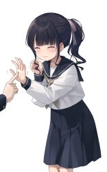 Rule 34 | 1girl, 1other, black hair, black sailor collar, black skirt, blush, brown neckerchief, closed eyes, closed mouth, commentary request, feet out of frame, hair ribbon, hands up, highres, long hair, motion lines, na-ga, neckerchief, original, out of frame, pleated skirt, poking, ponytail, ribbon, sailor collar, school uniform, serafuku, shirt, sidelocks, simple background, skirt, solo focus, standing, trembling, wavy mouth, white background, white shirt