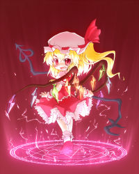 Rule 34 | 1girl, :d, arinu, blonde hair, female focus, flandre scarlet, from behind, hat, hat ribbon, looking back, magic circle, open mouth, red eyes, ribbon, side ponytail, smile, solo, sparks, touhou, wings
