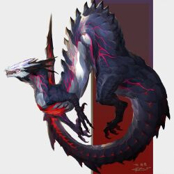 Rule 34 | animal focus, claws, commission, dragon, floating, from side, full body, green eyes, haku (shirogane), highres, horns, looking at viewer, monster, multicolored eyes, no humans, open mouth, original, pink eyes, profile, red background, scales, sharp teeth, signature, slit pupils, solo, spikes, tail, teeth, two-tone background, white background