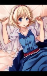 Rule 34 | 1girl, alice margatroid, bad id, bad pixiv id, bed sheet, blonde hair, blue dress, blue eyes, buttons, capelet, dress, female focus, frilled skirt, frills, hairband, highres, letterboxed, looking at viewer, lying, on back, open mouth, sash, short hair, skirt, solo, touhou, tsukishiro saika