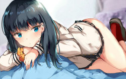 Rule 34 | 10s, 1girl, bad id, bad pixiv id, black hair, black skirt, blue eyes, blurry, blurry background, blush, brown footwear, cardigan, closed mouth, commentary request, depth of field, gridman universe, hair between eyes, loafers, long hair, long sleeves, looking at viewer, lying, miniskirt, on stomach, orange scrunchie, pleated skirt, pon (ponidrop), red socks, scrunchie, shoes, skirt, socks, solo, ssss.gridman, takarada rikka, thighs, white cardigan, wrist scrunchie