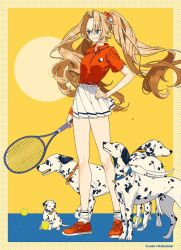 Rule 34 | 1girl, animal, ankle socks, ball, blue collar, blue eyes, brown hair, closed mouth, collar, dalmatian, dog, hair ribbon, hand on own hip, highres, holding, keishin, long hair, long legs, multiple dogs, orange footwear, original, puppy, racket, red collar, red shirt, ribbon, shirt, simple background, skirt, smile, socks, solo, sportswear, tennis ball, tennis racket, too many, too many dogs, twintails, white skirt