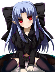 Rule 34 | 1girl, black panties, black thighhighs, blue hair, bow, cameltoe, capelet, cleft of venus, empty eyes, expressionless, highres, len (tsukihime), long hair, no pants, panties, pointy ears, red eyes, ribbon, shimejinameko, shirt, shoes, sitting, solo, spread legs, thighhighs, tsukihime, underwear