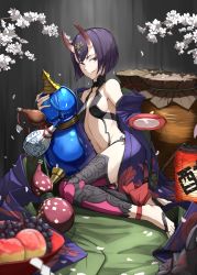 Rule 34 | 1girl, alcohol, barefoot, barefoot sandals (jewelry), bob cut, boots, breasts, cup, fang, fate/grand order, fate (series), highres, horns, japanese clothes, jewelry, kimono, looking at viewer, nagihana, naginaha, navel, off shoulder, oni, open mouth, petals, purple eyes, purple hair, revealing clothes, sakazuki, sake, short hair, shuten douji (fate), sideboob, simple background, skin-covered horns, small breasts, smile, solo, thigh boots, thighhighs