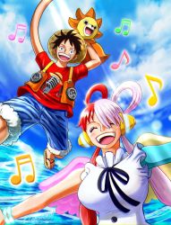 Rule 34 | 1boy, 1girl, 1other, angel wings, artist request, black hair, blue sky, breasts, dress, happy, hat, highres, large breasts, long hair, monkey d. luffy, multicolored hair, musical note, ocean, one piece, open mouth, red hair, sky, smile, straw hat, sunny-kun (one piece), two-tone hair, uta (one piece), very long hair, water, white dress, white hair, wings