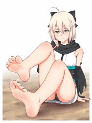 Rule 34 | 1girl, arm support, barefoot, black nails, black panties, black scarf, blonde hair, closed mouth, fate/grand order, fate (series), feet, fingernails, foot focus, foreshortening, hair between eyes, hair ribbon, hand up, highres, japanese clothes, koha-ace, leg up, legs, looking at viewer, lululewd, nail polish, okita souji (fate), okita souji (koha-ace), panties, revision, ribbon, sash, scarf, short hair, sitting, smile, soles, solo, toenails, toes, underwear