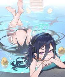 Rule 34 | &lt;key&gt; (blue archive), 1girl, aqua halo, aris (blue archive), ass, bath, bathing, bathtub, black hair, black hairband, blue archive, blue hair, blush, box, cardboard box, completely nude, dark blue hair, dream of pears, green halo, hair between eyes, hairband, halo, highres, long hair, looking at viewer, lying, nude, on stomach, one side up, partially submerged, pink eyes, rectangular halo, ringed eyes, rubber duck, solo, very long hair, water, water drop, wet