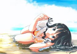 Rule 34 | 1girl, amagami, black hair, blue eyes, bra, bra visible through clothes, breasts, cleavage, closed mouth, curly hair, highres, horizon, irodori-classical, long hair, looking at viewer, lying, medium breasts, morishima haruka, on back, on ground, on side, outdoors, playing with own hair, shirt, sky, smile, solo, thighs, underwear, water, wet, wet clothes, white shirt, yellow bra