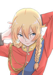 Rule 34 | 10s, 1girl, adjusting hair, aiguillette, arms behind head, birthday, blonde hair, blue eyes, braid, closed mouth, commentary, darjeeling (girls und panzer), dress uniform, emblem, epaulettes, frown, girls und panzer, happy birthday, highres, jacket, lips, long sleeves, looking back, military, military uniform, oze (xyz go go11), red jacket, sash, short hair, simple background, solo, st. gloriana&#039;s military uniform, twin braids, tying hair, uniform, upper body, white background