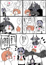 Rule 34 | &gt; &lt;, 1boy, 2girls, :d, = =, afterimage, arm up, armor, bare shoulders, beamed sixteenth notes, black bodysuit, black cloak, black gloves, black hairband, blush, bodysuit, breasts, brown hair, chaldea uniform, cloak, closed eyes, comic, crossed arms, dark-skinned female, dark skin, eighth note, eiri (eirri), elbow gloves, fate/grand order, fate/prototype, fate/prototype: fragments of blue and silver, fate (series), fingerless gloves, flying sweatdrops, fujimaru ritsuka (female), gloves, glowing, glowing eyes, grey skirt, hair between eyes, hair ornament, hair scrunchie, hairband, hand up, hands on hilt, hands up, hassan of serenity (fate), heart, holding, holding clothes, holding shirt, horns, i heart..., jacket, king hassan (fate), multiple girls, musical note, nose blush, notice lines, one side up, open mouth, purple hair, scrunchie, shirt, short hair, short sleeves, skirt, skull, small breasts, smile, spikes, sweat, sword, translation request, uniform, v-shaped eyebrows, weapon, white jacket, white shirt, yellow scrunchie