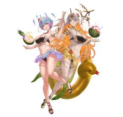 Rule 34 | 2girls, ahoge, bare shoulders, blonde hair, breasts, cleavage, fire emblem, fire emblem heroes, full body, grey hair, gullveig (fire emblem), gullveig (summer) (fire emblem), horns, innertube, jewelry, large breasts, long hair, multicolored hair, multiple girls, nail polish, navel, nintendo, official alternate costume, official art, open mouth, pale skin, purple hair, sandals, second-party source, seidr (fire emblem), seidr (summer) (fire emblem), short hair, simple background, single horn, smile, swim ring, swimsuit, thighs, toenail polish, toenails, toes, two-tone hair, yellow eyes, yoshiku (oden-usagi)