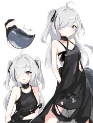 Rule 34 | 1girl, ahoge, arknights, black dress, blush, breasts, brown eyes, crocodilian tail, dress, grey hair, hair over one eye, hair ribbon, highres, long hair, looking at viewer, multicolored hair, official alternate costume, open mouth, pointy ears, ribbon, simple background, small breasts, solo, streaked hair, tail, tomimi (arknights), two side up, white background, yaco n
