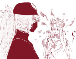 Rule 34 | 1boy, 1girl, asclepius (fate), beanie, breasts, cleavage, commentary, crown, dress, europa (fate), fate/grand order, fate (series), from side, hands up, hat, large breasts, long hair, looking at another, mask, monochrome, mouth mask, nobicco, open mouth, ponytail, profile, red theme, screentones, simple background, smile, very long hair, white background