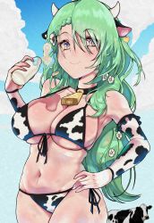 Rule 34 | 1girl, absurdres, animal, animal print, bell, bikini, blue sky, bottle, breasts, ceres fauna, cloud, clud, cow, cow print, curvy, detached sleeves, earrings, flower hair ornament, green eyes, hand on own hip, highres, hololive, hololive english, horns, jewelry, large breasts, long hair, milk, milk bottle, mole, mole under eye, necklace, sky, smile, swimsuit, virtual youtuber, yellow eyes