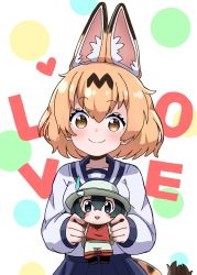 Rule 34 | 1girl, alternate costume, animal ear fluff, animal ears, bad id, bad twitter id, blonde hair, blue skirt, brown eyes, character doll, contemporary, doll, extra ears, heart, highres, holding, holding doll, kaban (kemono friends), kemono friends, long sleeves, looking at viewer, medium hair, nekonyan (inaba31415), school uniform, serafuku, serval (kemono friends), serval tail, simple background, skirt, sleeves past wrists, smile, solo, tail