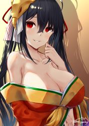 Rule 34 | 1girl, ahoge, azur lane, bare shoulders, black hair, blush, breast hold, breasts, cleavage, collarbone, commentary request, feather-trimmed sleeves, hair between eyes, hair ribbon, hand up, highres, japanese clothes, kimono, large breasts, long sleeves, looking at viewer, mask, off shoulder, parted lips, red eyes, red kimono, red ribbon, ribbon, shadow, signature, smile, solo, striped ribbon, taihou (azur lane), teeth, twintails, wide sleeves, yorugami rei