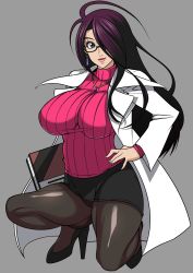 Rule 34 | 1girl, absurdres, alternate color, black footwear, black pantyhose, breasts, capcom, clipboard, commentary request, earrings, glasses, green eyes, hair over one eye, hand on own hip, high heels, highres, impossible clothes, jewelry, justice gakuen, lab coat, large breasts, lipstick, long hair, makeup, minazuki kyouko, miniskirt, myougi kuraganosuke, necklace, panties, panties under pantyhose, pantyhose, pink sweater, purple hair, ribbed sweater, skirt, smile, solo, squatting, sweater, underwear