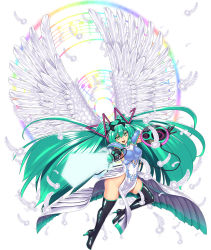Rule 34 | 1girl, angel, angel wings, aqua eyes, aqua hair, black thighhighs, boots, breasts, feathered wings, feathers, hatsune miku, high heel boots, high heels, highres, long hair, looking at viewer, microphone, pelvic curtain, shiny clothes, sleeveless, solo, thigh boots, thighhighs, twintails, vocaloid, white wings, wings, yui sora
