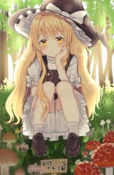 Rule 34 | 1girl, ankle socks, arm rest, bad id, bad pixiv id, black footwear, black vest, blonde hair, bloomers, blush, braid, check translation, day, fly agaric, forest, grass, hand on own chin, hat, hat ribbon, head rest, head tilt, kirisame marisa, loafers, long hair, looking at viewer, mushroom, nature, nibosi, outdoors, petticoat, puffy short sleeves, puffy sleeves, ribbon, shirt, shoes, short sleeves, sign, single braid, smile, socks, solo, squatting, touhou, translation request, underwear, very long hair, vest, white shirt, white socks, witch hat, yellow eyes