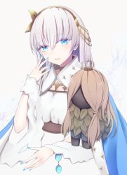 Rule 34 | 1girl, anastasia (fate), bbci, blue eyes, blush, breasts, cape, commentary request, doll, dress, fate/grand order, fate (series), fingernails, hair between eyes, hairband, highres, holding, jewelry, long hair, looking at viewer, nail polish, ribbon, royal robe, silver hair, solo, very long hair
