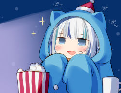 Rule 34 | 1girl, :&gt;, animal hood, blue background, blue eyes, blue hoodie, blush, commentary, cup, eating, food, gawr gura, happy, hat, hololive, hololive english, hood, hoodie, karory, light, long sleeves, mini hat, mug, multicolored hair, open mouth, oversized clothes, popcorn, santa hat, simple background, solo, sparkle, streaked hair, upper body, virtual youtuber, white hair