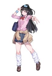 1girl absurdres alternate_costume black_eyes black_hair blue_scrunchie blue_skirt brown_footwear closed_mouth collared_shirt gyaru hair_ornament hair_scrunchie highres leg_warmers looking_at_viewer midorinochi99 nijisanji pink_shirt scrunchie shirt shoes skirt smile solo tsukino_mito virtual_youtuber white_background white_leg_warmers